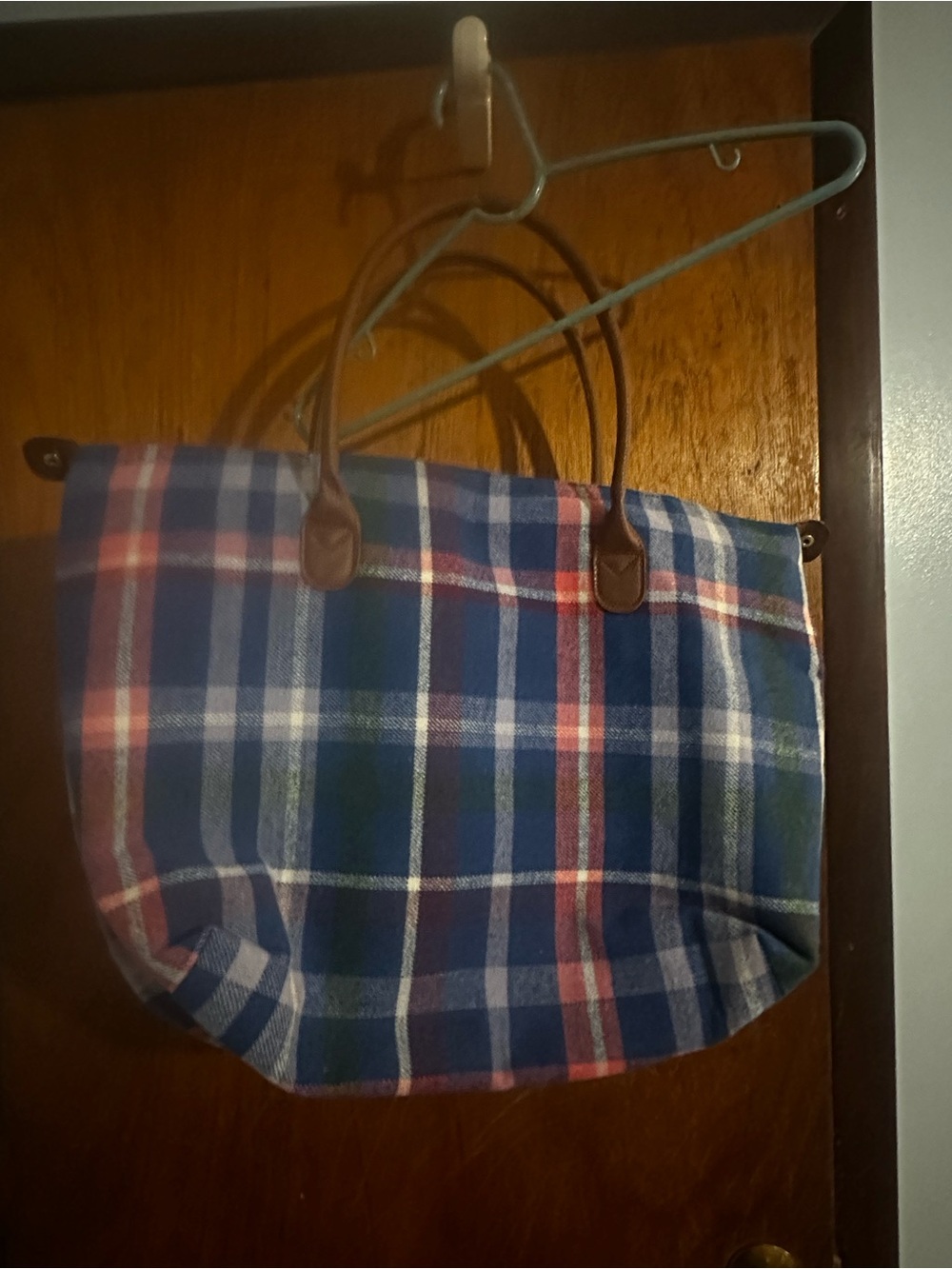 Plaid Tote Bag with Brown Handles